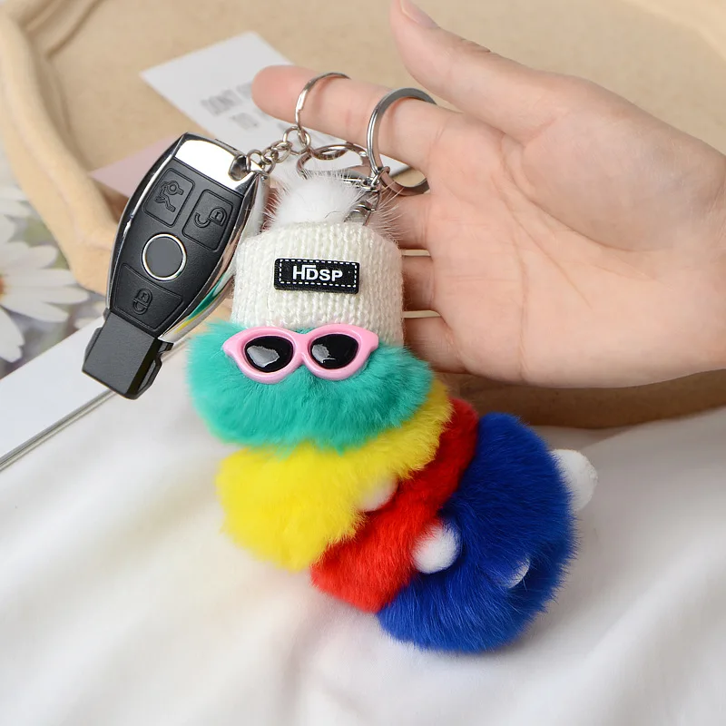 Kleurrijke pluche rupsen schattige sleutelhanger met zonnebril zacht konijnenbont dier pompom hanger met sleutelhangers voor dames handtas