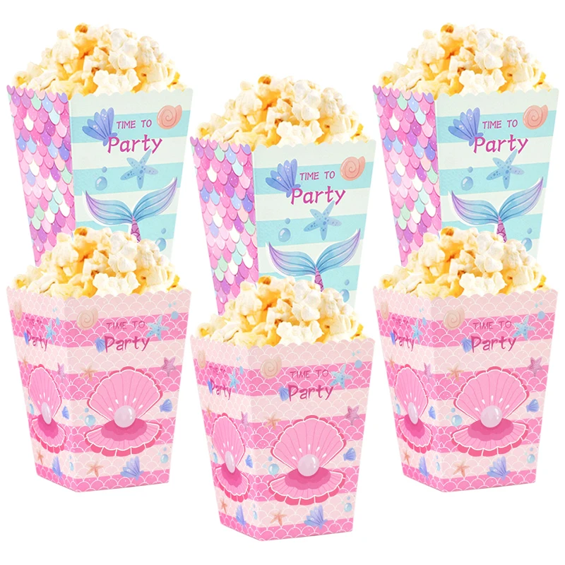 

6/12Pcs Shell Pearl Mermaid Tail Popcorn Paper Boxes Bags Snack Containers for Movie Night Birthdays Baby Shower Party Supplies