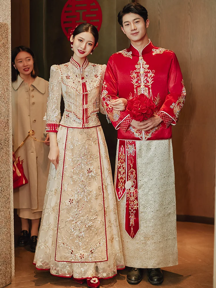 

Retro Sequins Beaded Embroidery Chinese Traditional Women Wedding Cheongsam Vintage Oriental Gown Qipao Elegant Bride Dress