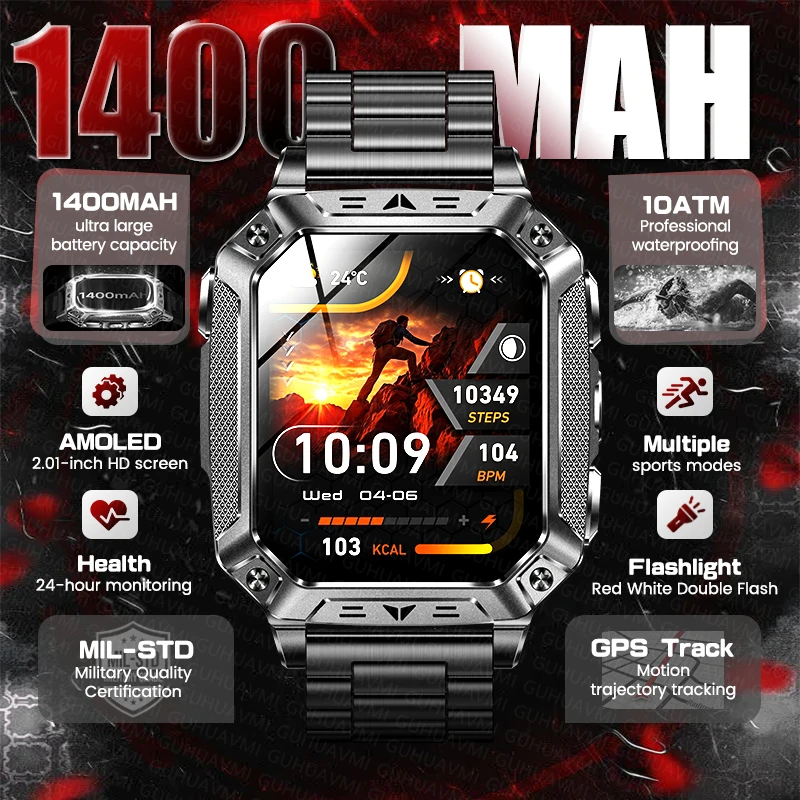 

Новые умные часы для мужчин с GPS, фонариком, водонепроницаемостью 10ATM, Bluetooth-звонками, AMOLED HD-экраном 2.01 дюйма и мощной батареей 1400 мАч для активного отдыха на природе