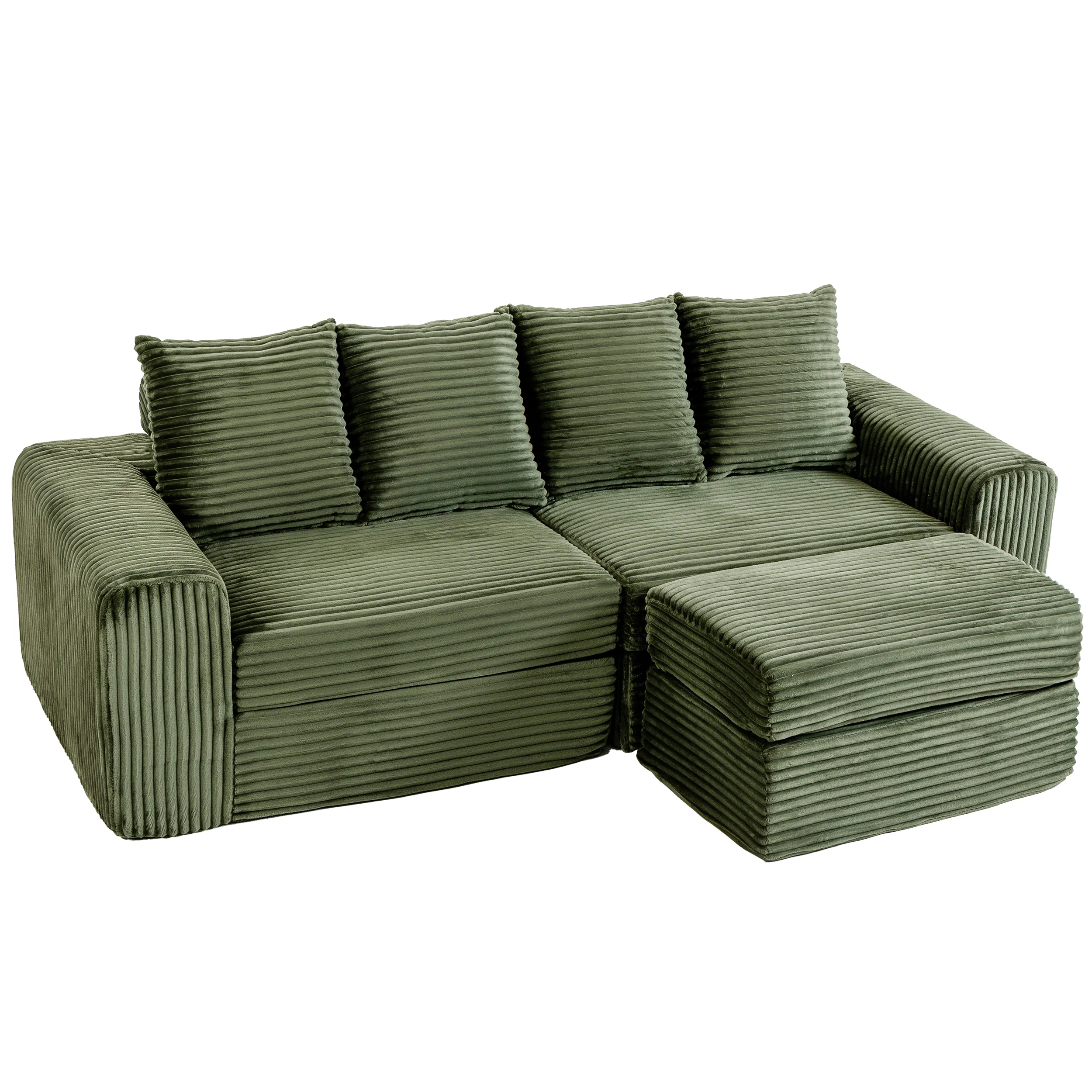 Divano in velluto a coste, modello oversize, con tre posti e poggiapiedi, larghezza 245 cm, ideale per famiglie, completo di cuscini decorativi, morbido e adatto agli animali domestici, perfetto per