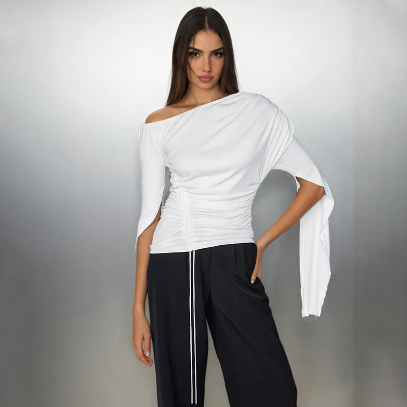

Blifanbo Drawstring Oblique Shoulder T-shirt Tops For Women Elegant Long Sleeve Pleated Patchwork Solid Color Sexy T-shirt Top