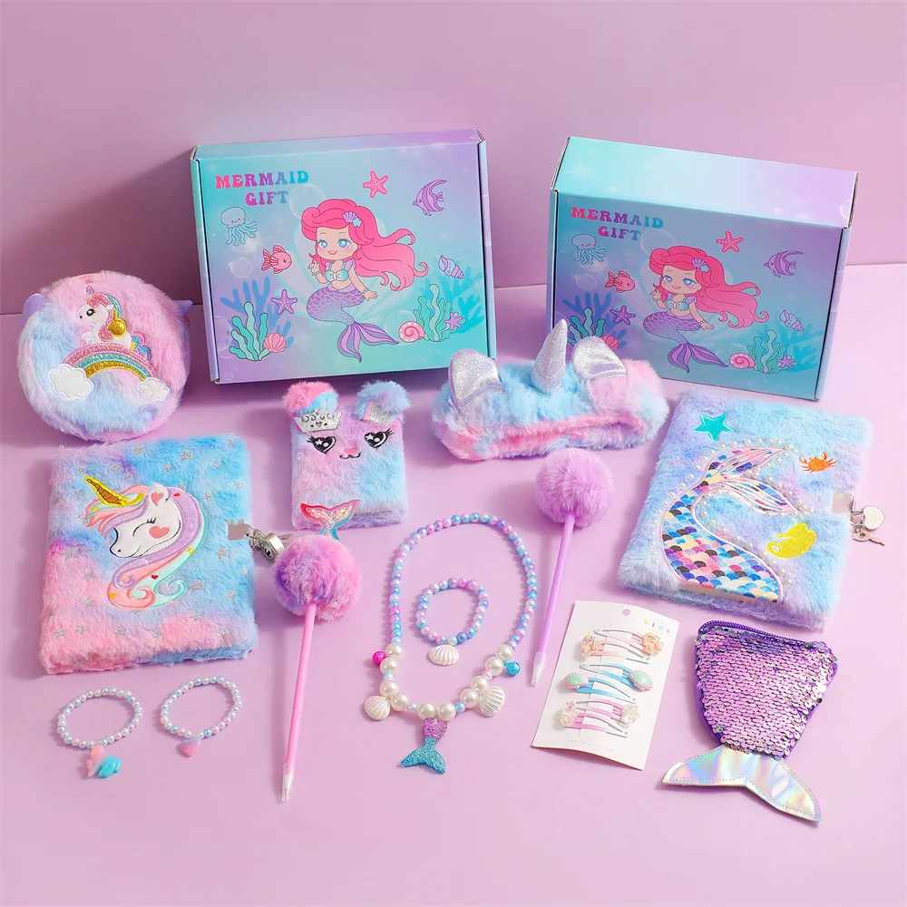 Cute Cartoon Unicorn Plush Notebook Ballpoint Pen Jewelry Stationery Set Children's School Crossbody Bag Reward Gifts