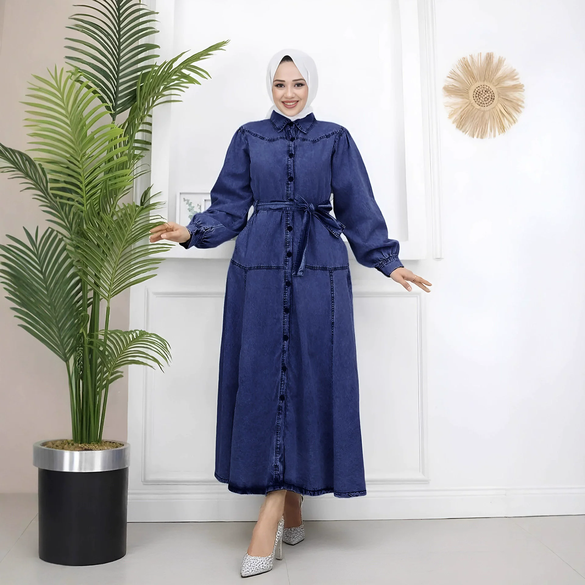 Ramadan Médio Oriente Islâmico Arábia Saudita vestido jeans feminino muçulmano vestido de moda de luxo solto casual lanterna manga vestido jeans