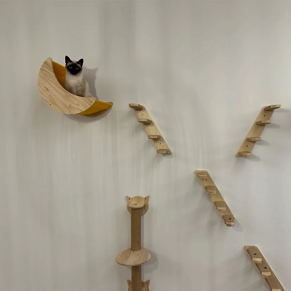 Cat Tree Wall Mounted Wooden Climbing Frame Cat House Cat Bridge Scratching Post and Ladder Wall Playground for Kitten Play Rest