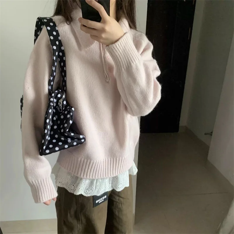 Pink Soft and Sticky Polo Collar Sweater for Women in Spring and Autumn Loose Versatile With Simple Design and Simple Knit Top