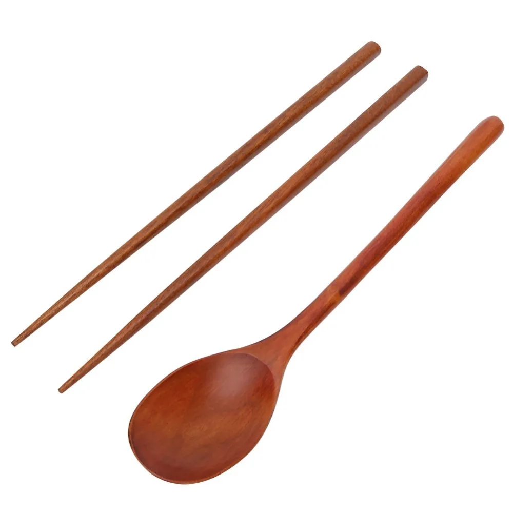 1Set Solid Wood Chopstick and Spoon Set with Bag Lightweight Household Utensil Portable Size Burr-free Polished Tableware Kit