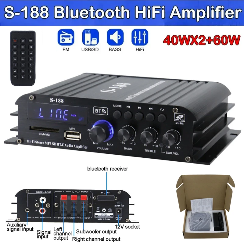 

Bluetooth Stereo HiFi Amplifier 2.1 Channel Subwoofer S-188 BT USB Audio Power Amplifiers Amp Audio Amplificador 40W×2+60W