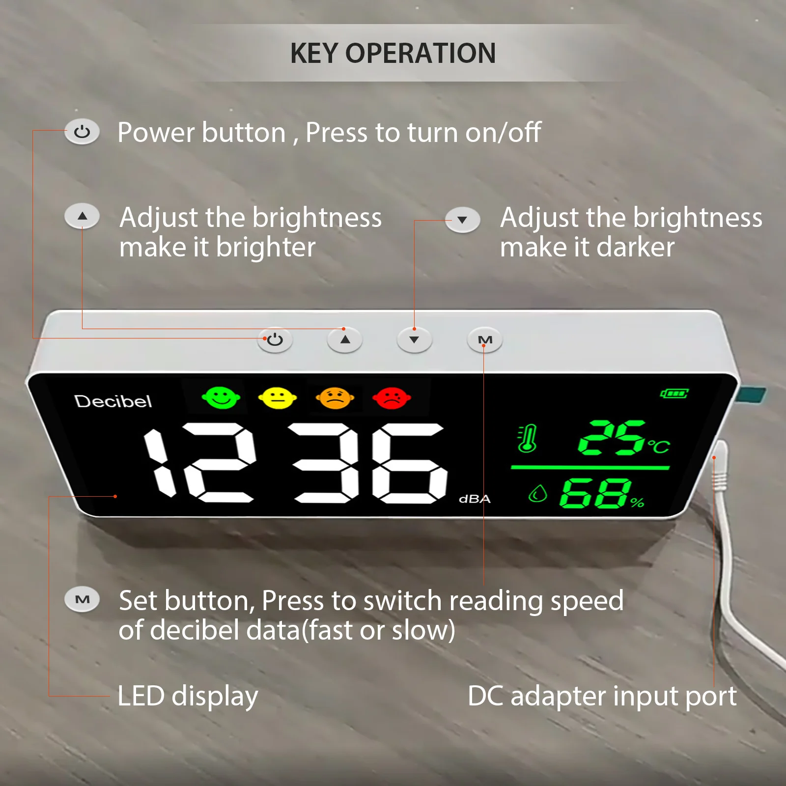 Medidor de nível de som de decibel, display led grande de 11 polegadas, medidor de umidade e temperatura de ruído com indicador de ícones de alarme, multifuncional