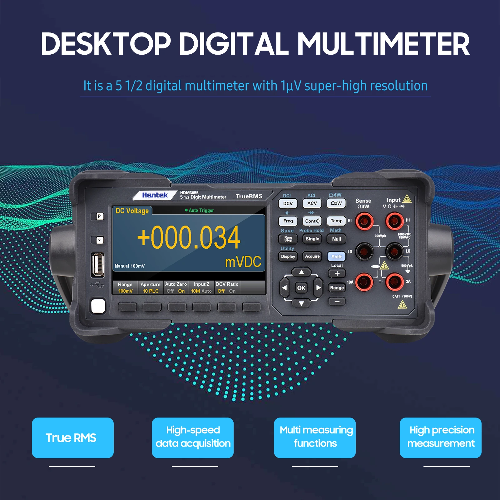 Digital Desktop 5 1/2 Multimeter Hantek HDM3055 with 4.3'' LCD Display 30 kS/s Data Acquisition True RMS Temperature Tester