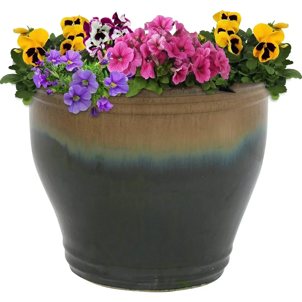 

Large Ceramic Planter - Indoor or Outdoor Plant Pot with Drainage Holes Forest Lake Green Glaze Finish 15" Studi