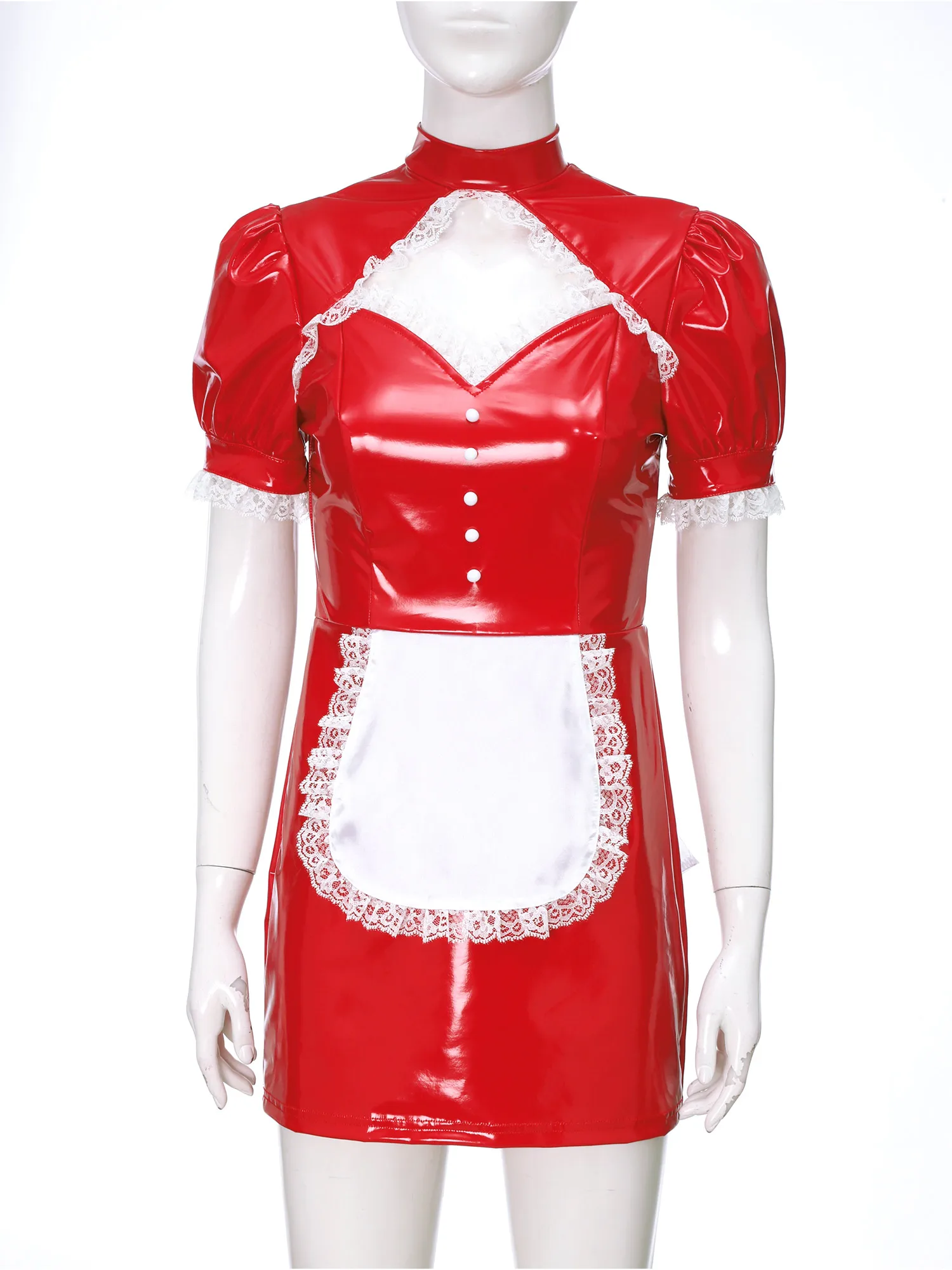 Womens French Maid Cosplay Costume Servant Fancy Dress Lace Trim Apron Glossy Bodycon Dress Halloween Party Naughty Maid Uniform - view 3