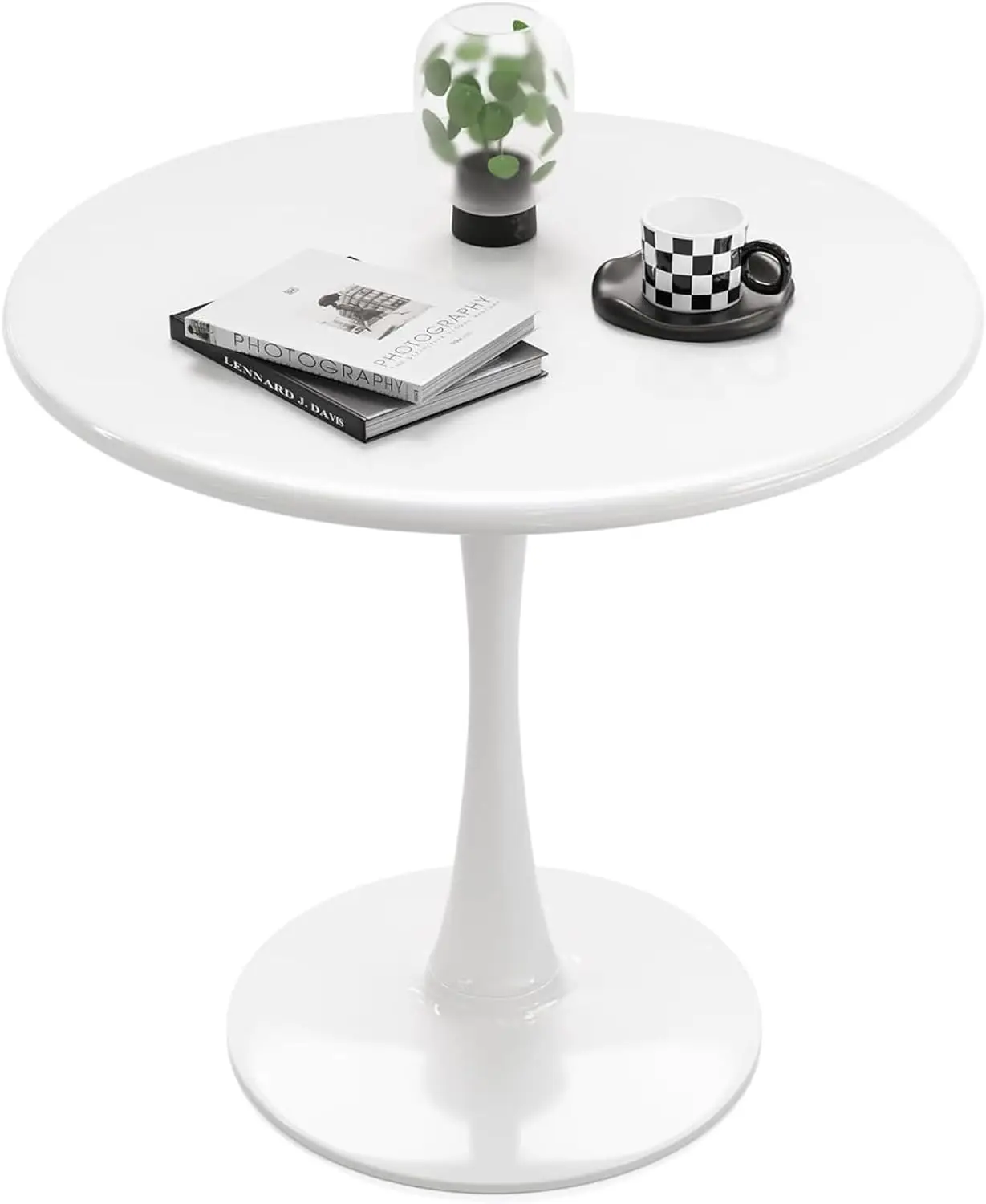 White Round Dining Table For 2, 24 Inch Small Tulip Table With Metal Pedestal For Living Room, Mid Century Modern Table For