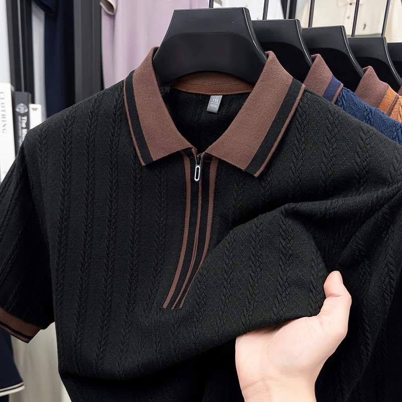 Premium knitted jacquard short sleeve polo shirt comfort trend half zipper color blocked lapel men T-shirt light luxury new top
