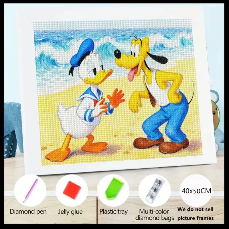 

1 шт. 5D полный дрель комплект алмазной живописи, DIY Disney Donald Duck & Pluto Beach Scene, набор персонажей мультфильмов, хрустальный горный хрусталь