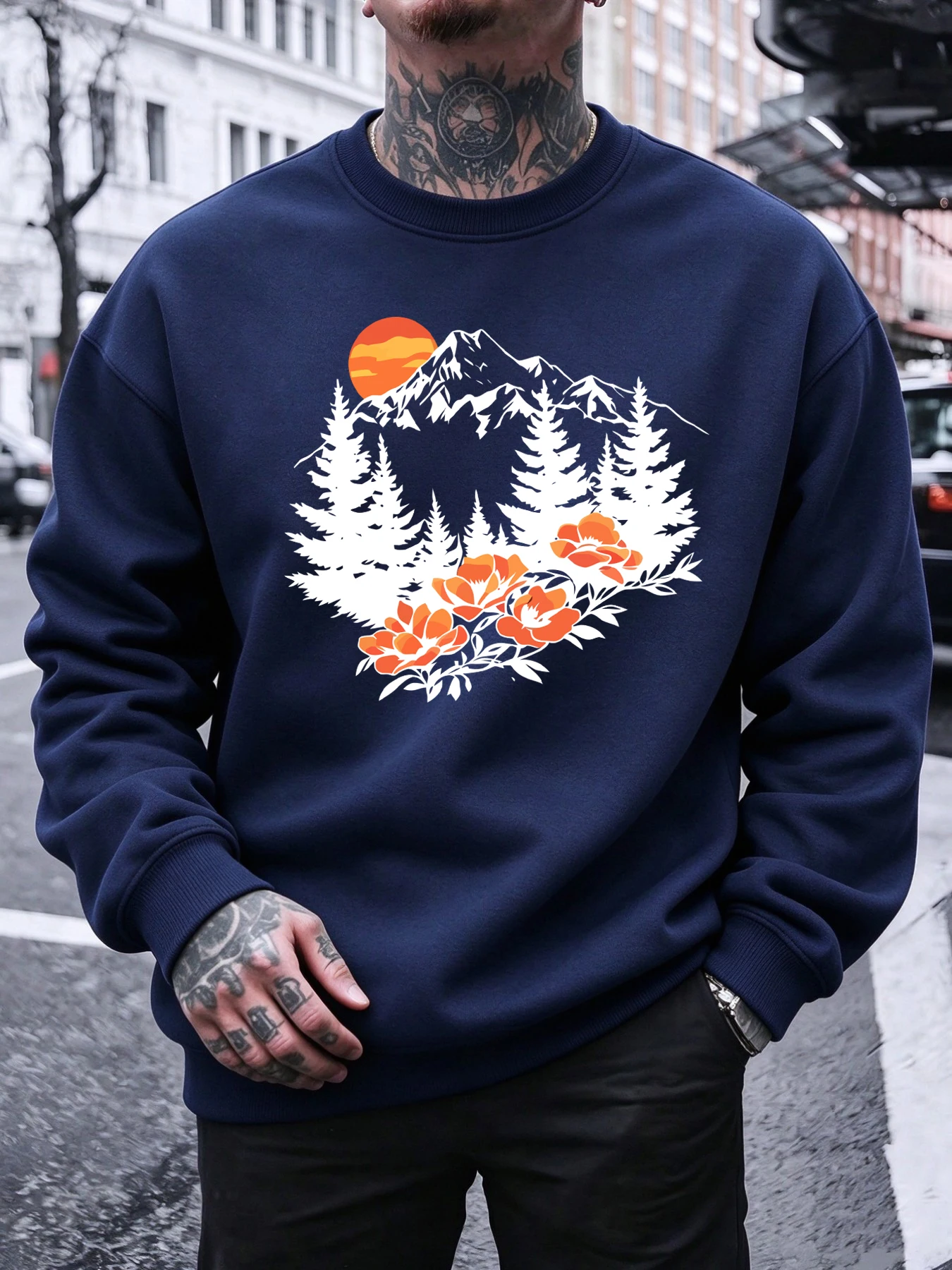 Mountain Sunset Forest Tree Orange Flower Print Men’S Sportswear Autumn Sweatshirt Casual O-Neck Pullover Loose Fleece Clothing
