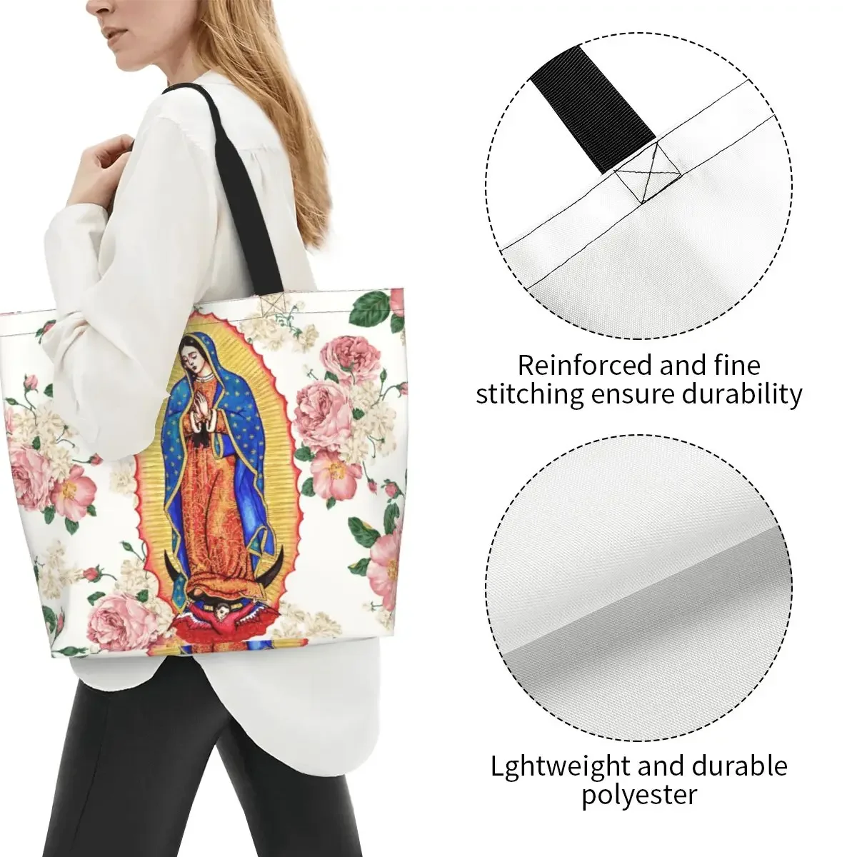 Virgin Of Guadalupe Grocery Shopping Tote Bag Mexico Catholic Virgin Mary Canvas Shopper Shoulder Bag Large Capacity Handbag