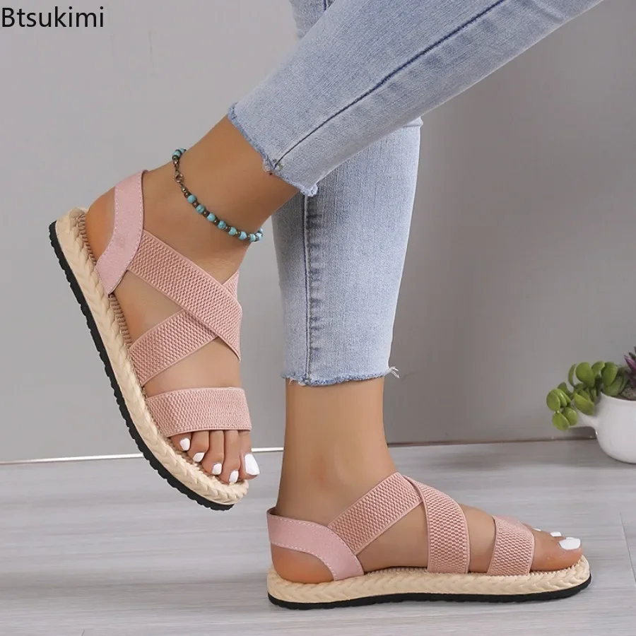 New 2023 Women's Casual Sandals Spring Summer Flat Bottom Grils Roman Shoes Beach Sandals Soft Sole Cross Large Female Sandalias