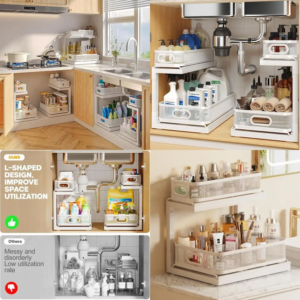 

Двухуровневый органайзер для раковины с выдвижными ящиками для кухни и ванны, сетчатый дизайн, плавное скольжение, подходит для мелких предметов