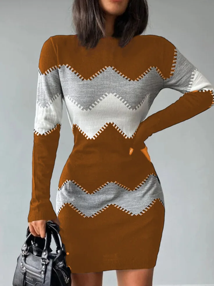 Fashion Print Knitted Mini Dress Women Autumn Winter O-neck Long Sleeve Dresses For Women 2024 Elegant Bodycon Package Hips Robe