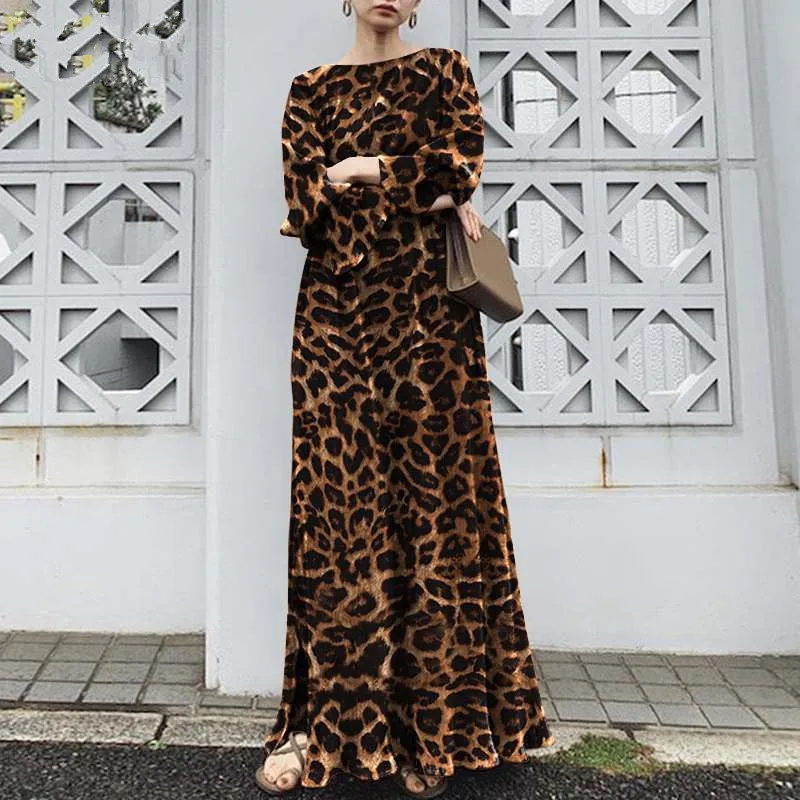 Long-sleeved Abaya Dress for Women, Leopard Print Abayas, Long Over-the-Knee, Islam Abaya