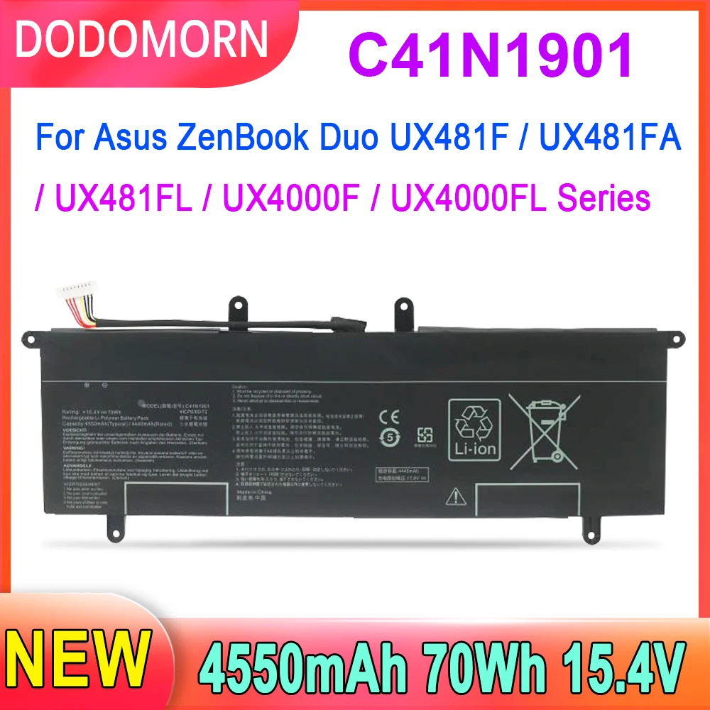 

DODOMORN C41N1901 Laptop Battery For ZenBook Duo UX481F,UX481FA,UX481FL,UX4000F,UX4000FL Series 4ICP6/60/72 0B200-03520100 70Wh