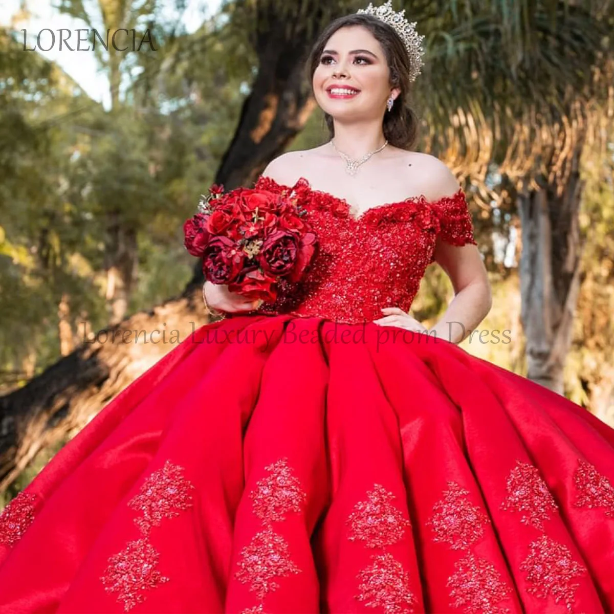 Czerwona 2024 sukienka na Quinceanera suknia balowa z odkrytymi ramionami aplikacja 3D z odkrytymi ramionami bez pleców formalne 16 Vestidos 15 De XV Años