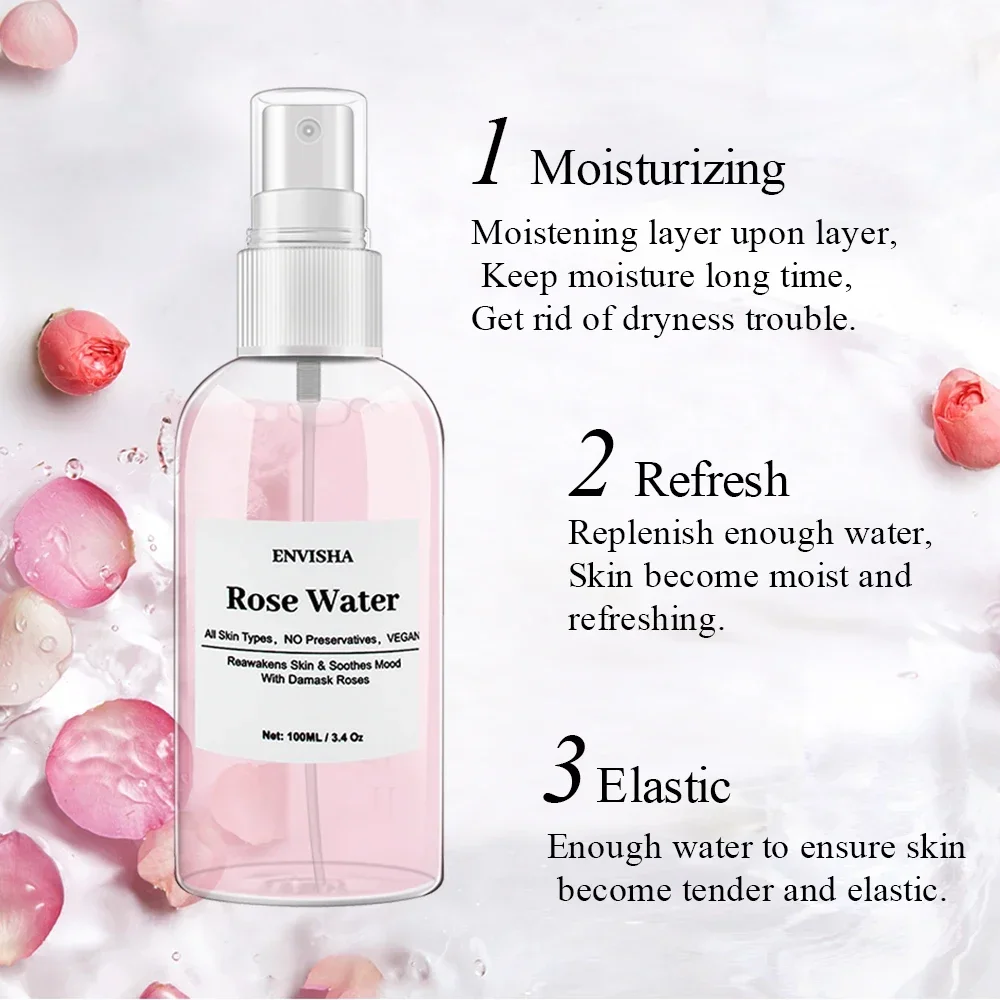 ENVISHA agua de rosa para el rostro tóner Facial esencia de pétalos de rosa orgánica suero hidratante refrescante elástico reduce los poros cuidado de la piel