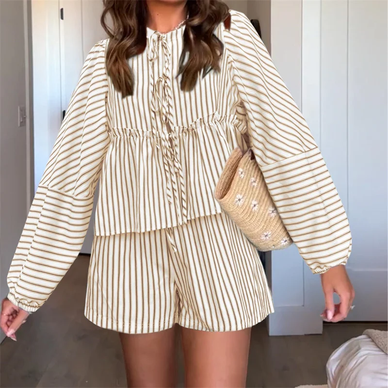 Women Y2K Tie Front 2 Piece Shorts Set Plaid Long Puff Sleeve Peplum Top 2024 Autumn Cute Lounge Sets Streetwear