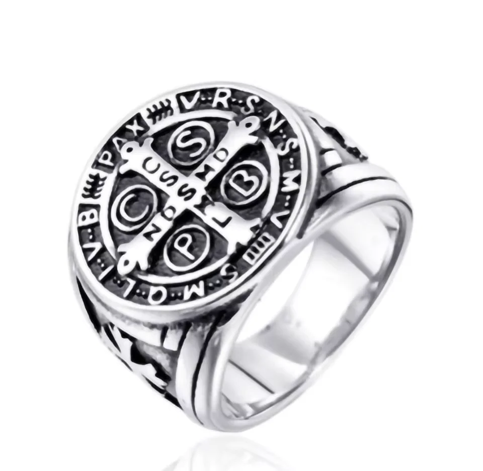 Religious Saint Benedict Cross Ring Antique Silver Plated Metal Catholic Exorcism Church Men Jewelry Gift Wholesale