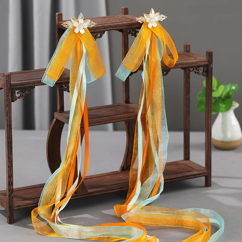 1pair Hanfu Accessories Bowknot Ribbon Hairpin Chinese Ancient Style Ribbon Decor Hair Clip Women Girl Children Headdress Gift