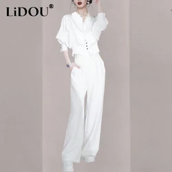 Spring Summer Elegant Fashion Long Sleeve Waist White Shirt Wide Leg Pants Two Pieces Set Women Temperament Blouse Trousers Suit