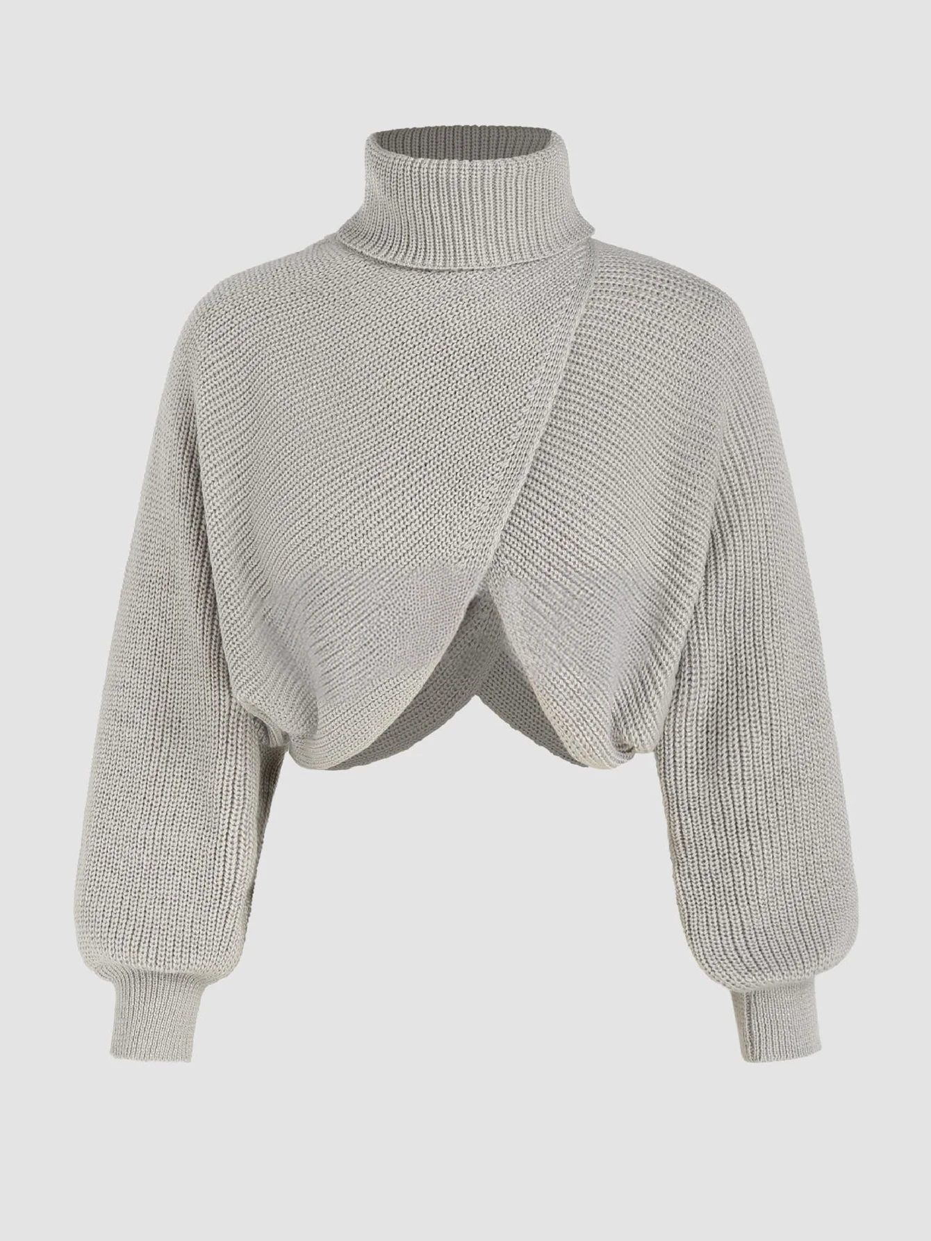 

Women's Cross-Design Slit Cropped Turtleneck Sweater Lantern Sleeve Fashion Autumn Winter Casual Plain Top