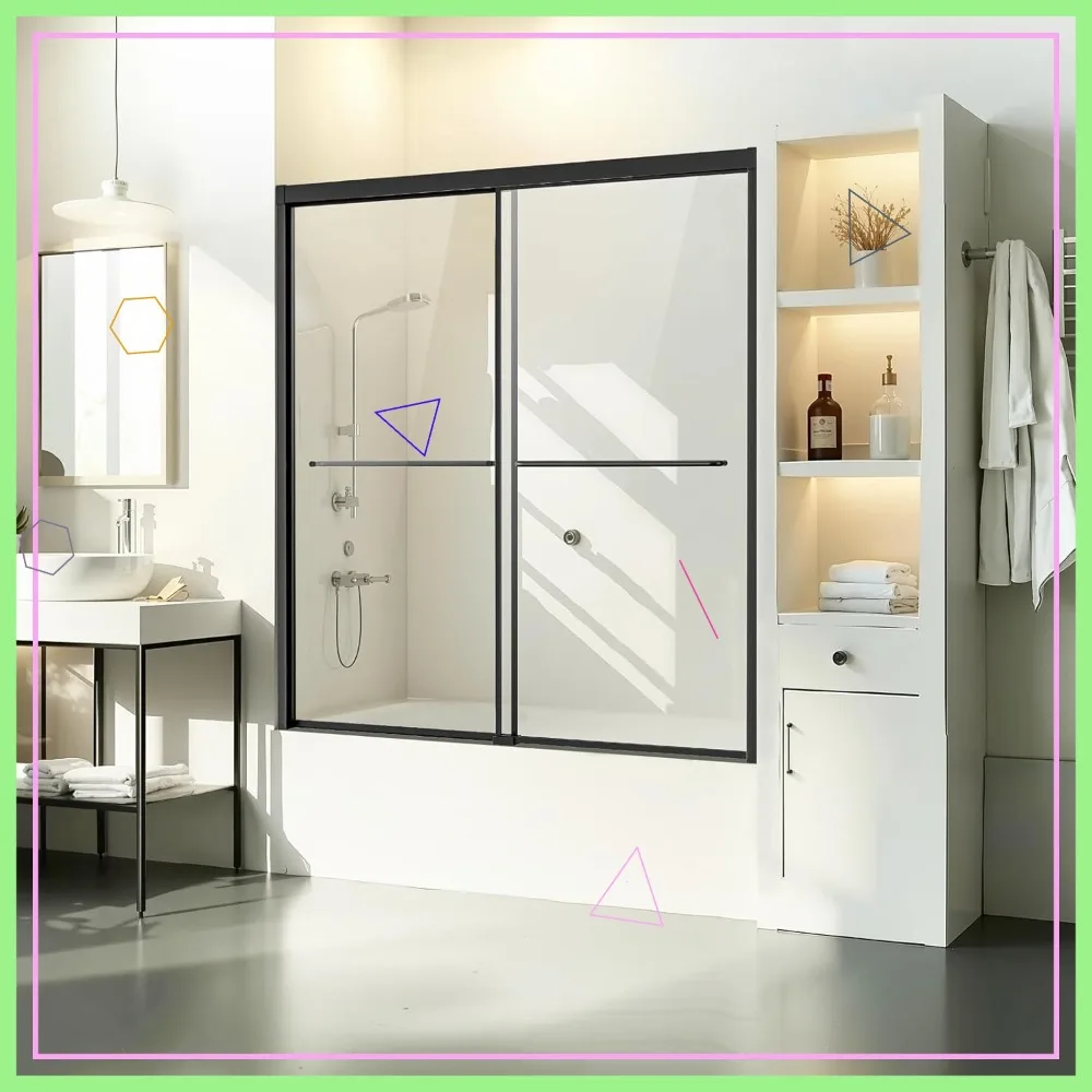 

Semi-Frameless Double Sliding Bathtub Shower Door, 56-60" W x 60" H, Shatterproof Tempered Glass, Black