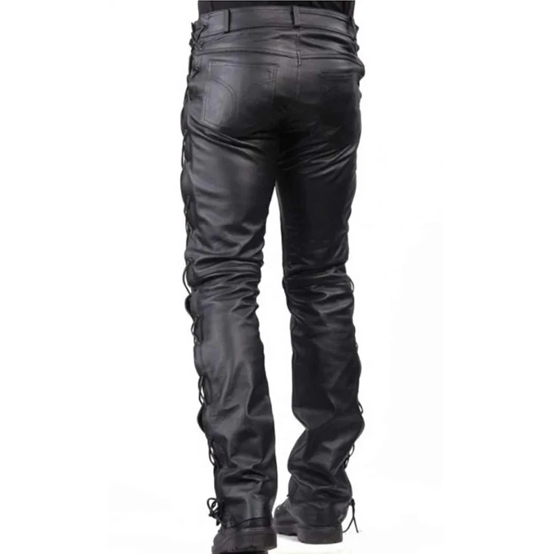 Men's Black Vintage Matte Faux Leather Slim Straight Pants Male Side Elastic Tie Advanced PU Splicing Skinny Trousers New Custom