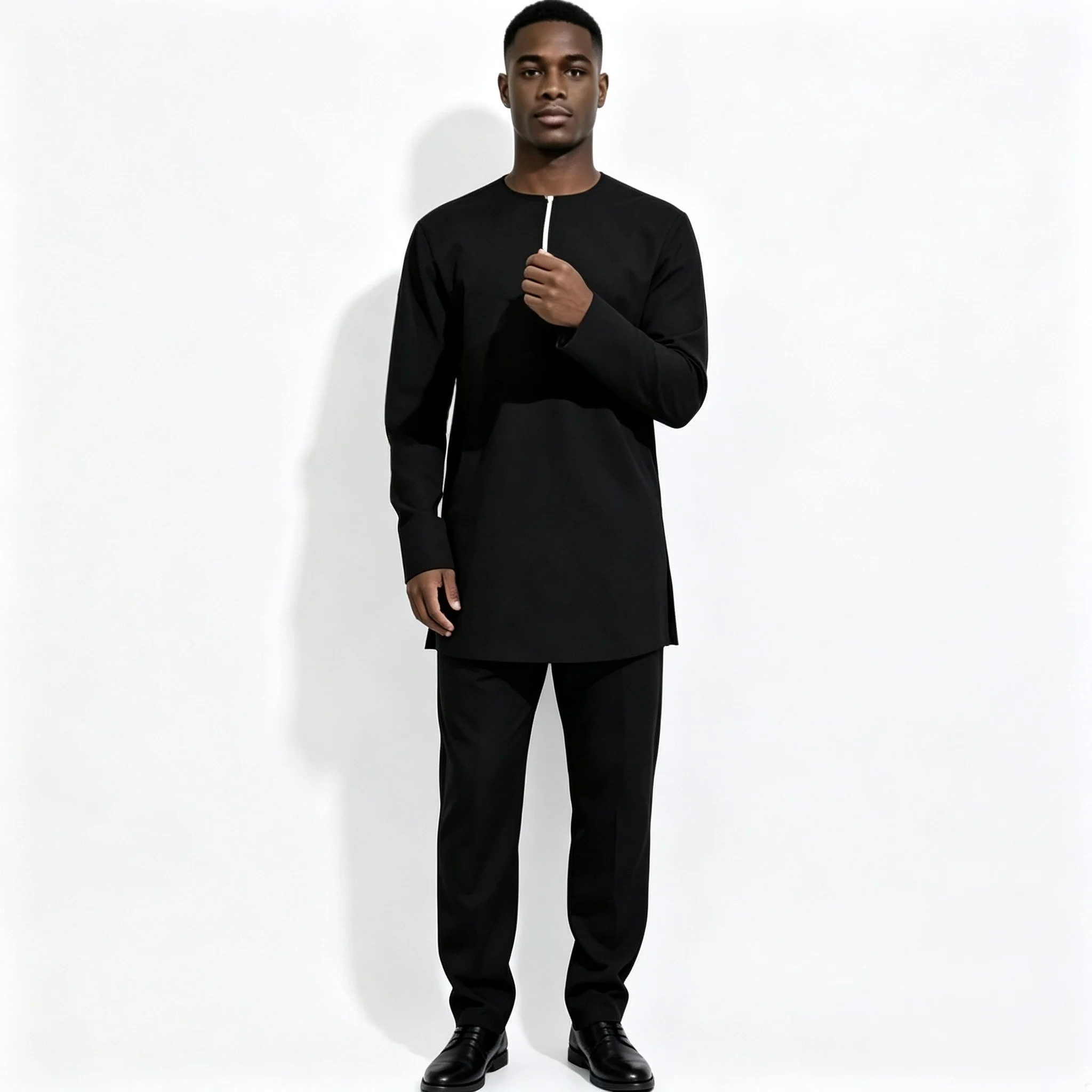 Men's Sets Solid Black Zipper Placket Shirt & Trousers Vintage Style Pant Suits Designer African Couture Performance Wear - view 5