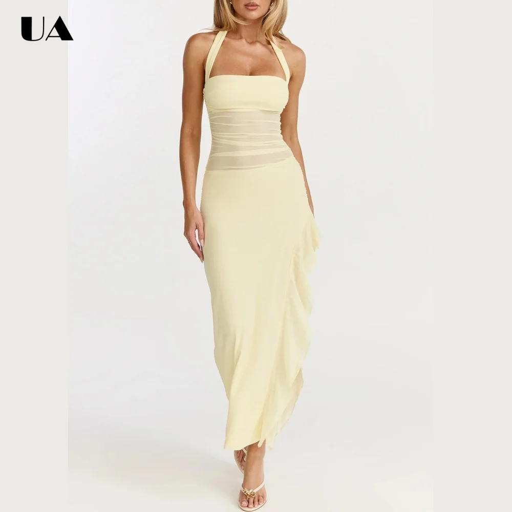 

ULBYANRN 2026 Trendy Sheath Halter Ruffled Party Dress French Style Sleeveless Prom Dress Customized Sexy Sheer Slit Long Dress