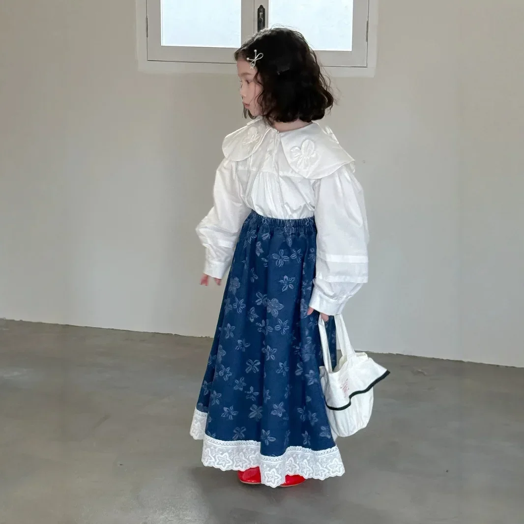 تنورة الفتيات 2025 ربيع جديد الكورية كل مباراة مرونة الخصر زهرة الدانتيل الدنيم تنورة غير رسمية ملابس الاطفال الفتيات #2