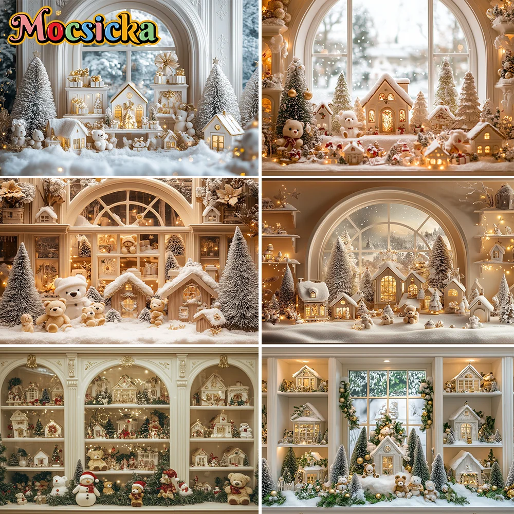

Mocsicka Beige Christmas Room Background Photography Arch Window Xmas Tree Gift Bear Backdrop Kids Baby Show Winter Photo Studio