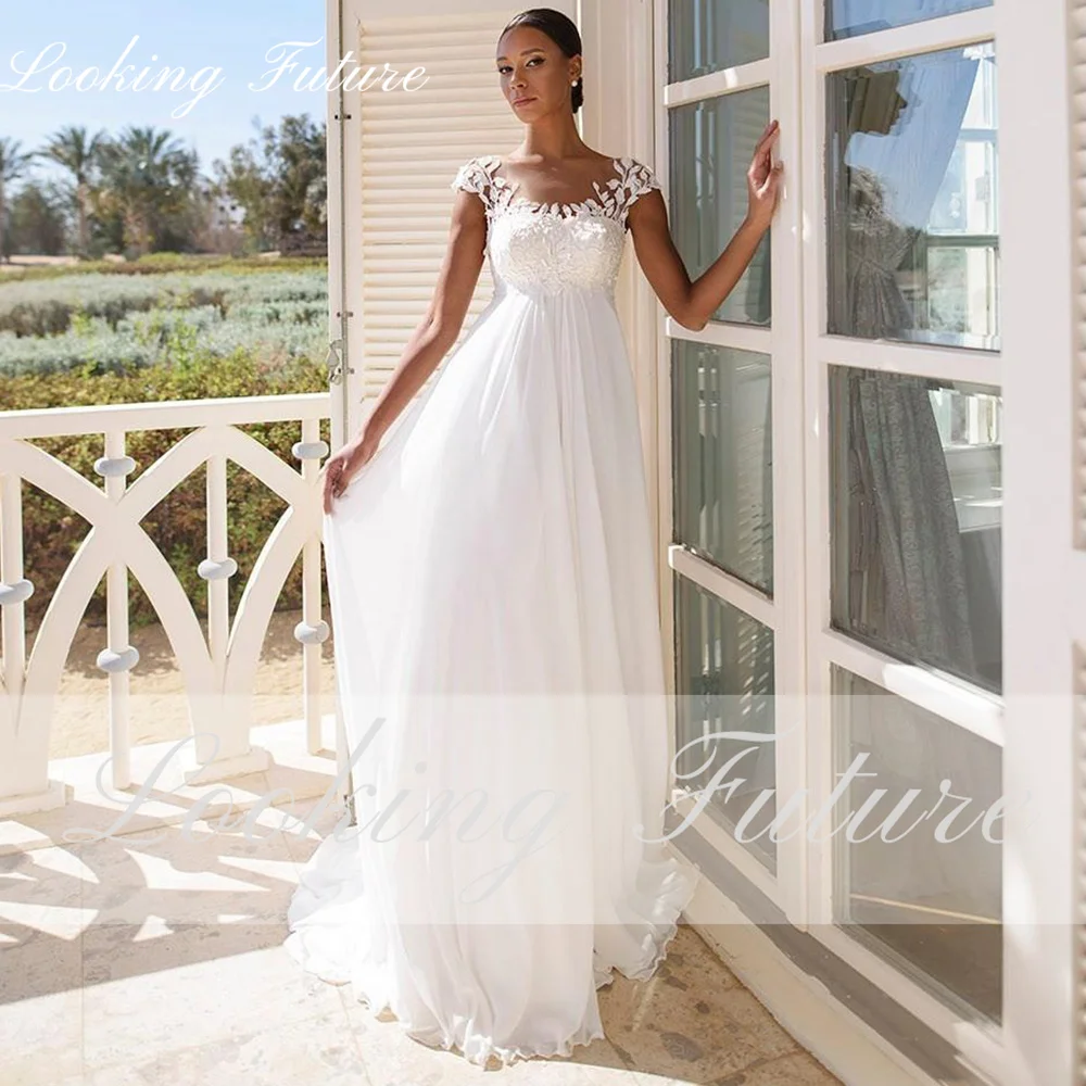 Grávida Chiffon Vestidos De Casamento Para As Mulheres Lace Appplique Império Vestidos De Noiva Praia A linha Simples Vestido de Novia Sweep Train