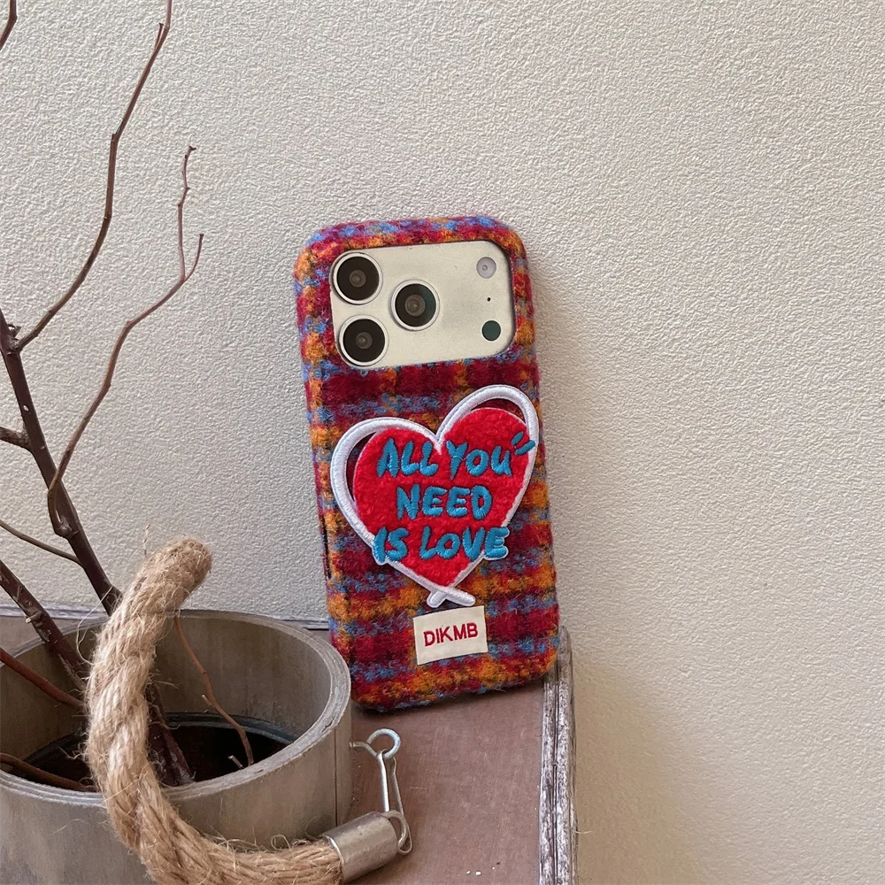 Korea Ins Winter Tweed Plush Love Heart Embroidered Phone Case All You Need Is Love For iPhone 18 17 16 15 Pro Max Cartoon Cases