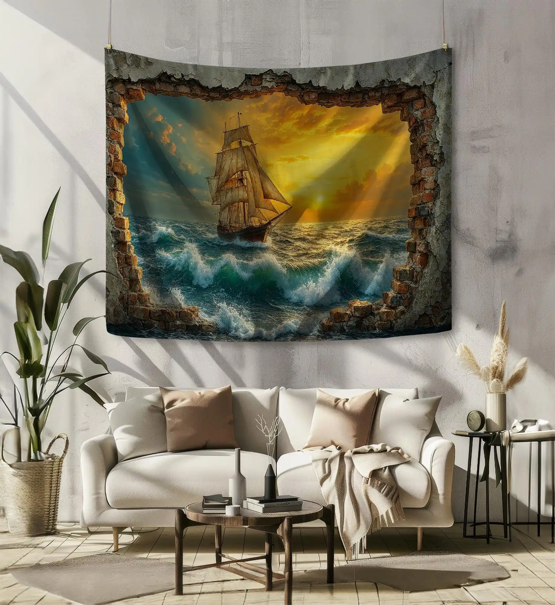 Epic Sunset Sea Voyage Pirate Ship Wall Tapestry Nautical Ocean Decor for Bedroom Living Room Home Art