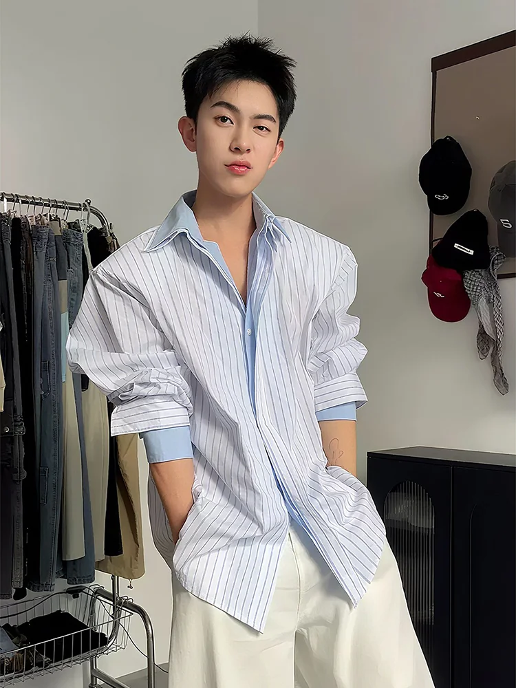 

Мужская рубашка с длинным рукавом в синюю полоску, в американском стиле, с дизайнерскими вставками, премиум-класса, осенняя модная верхняя одежда.