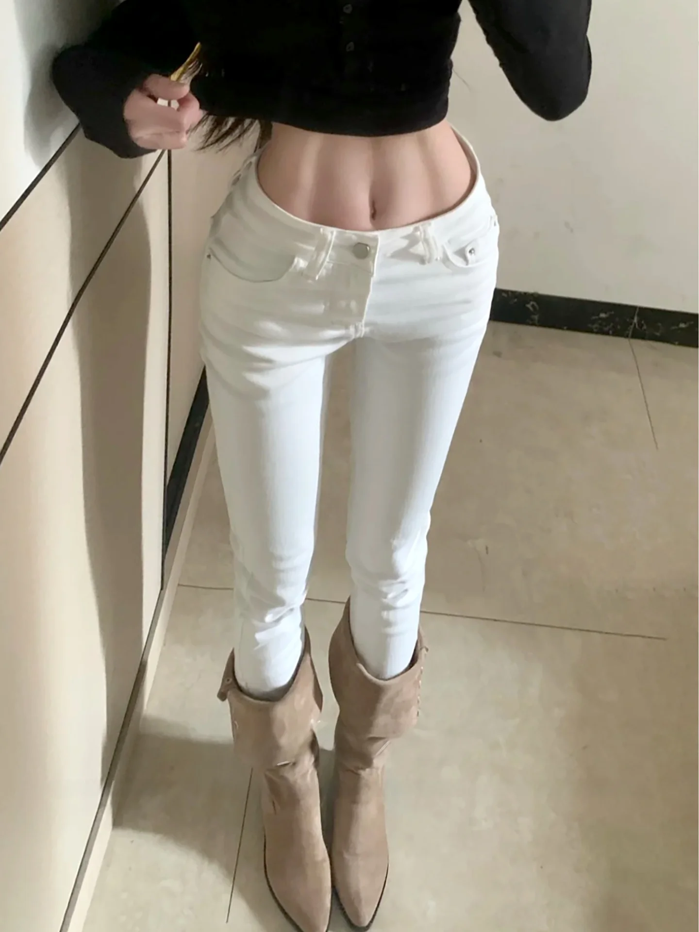

White Slim Fit Jeans Women's Fashionable High Waist Tummy Control Bootcut Pants Casual Style Autumn Season High Elasticity