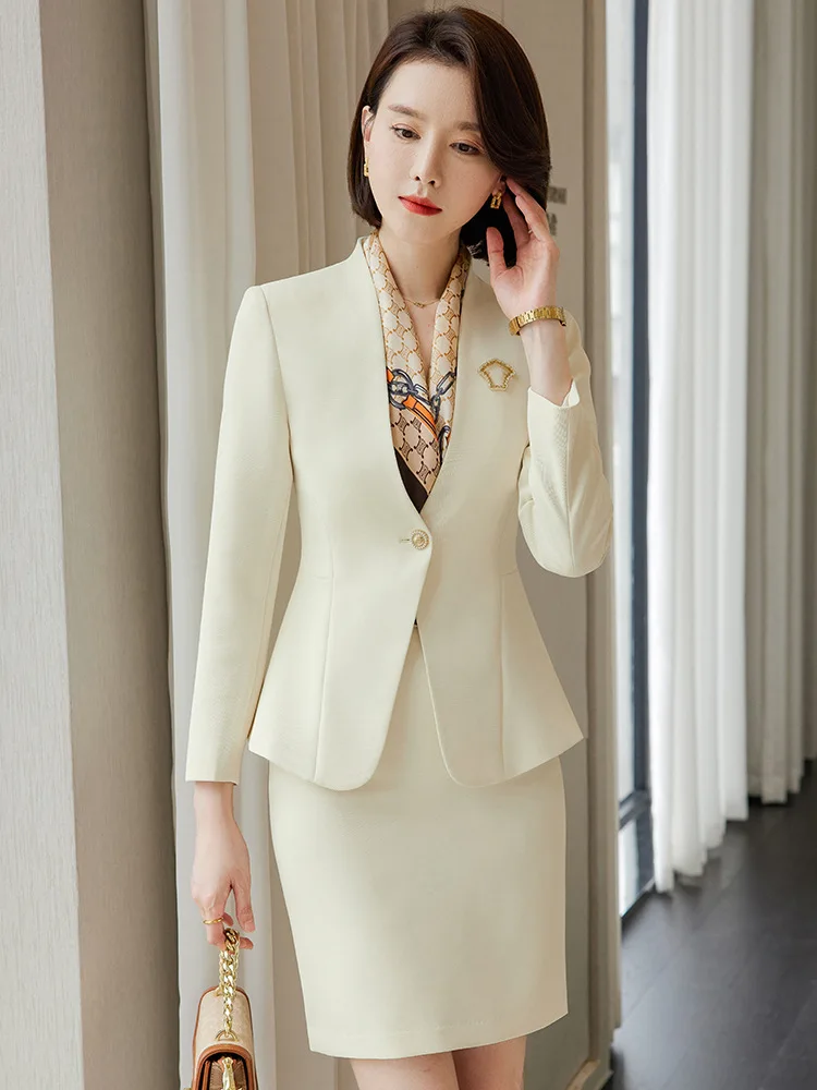 Slim 2 Piece Sets for Women 2024 Fashion Office Ladies Long Sleeve V Neck Single Button Blazers With Scarves Chic Skirt Suits