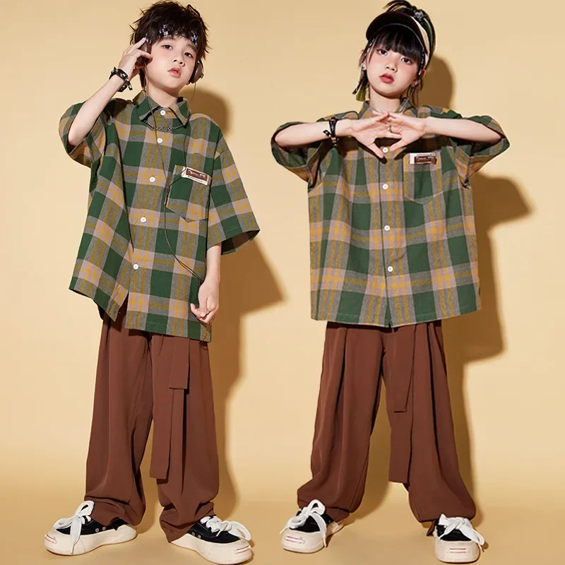 

Hip Hop Dance Costume For Kids Kpop Suit Green Plaid Shirt Top Turmeric Shorts Girls Jazz Dance Drum Stage Rave Clothes