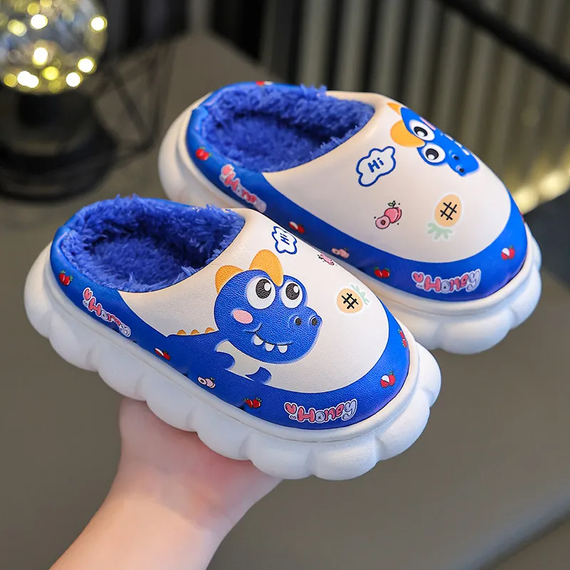 New Winter Waterproof Cute Cartoon Warm Indoor Mule Soft Non-slip Fluffy Slippers For Kids Boys Girls Children Home Cotton Shoes