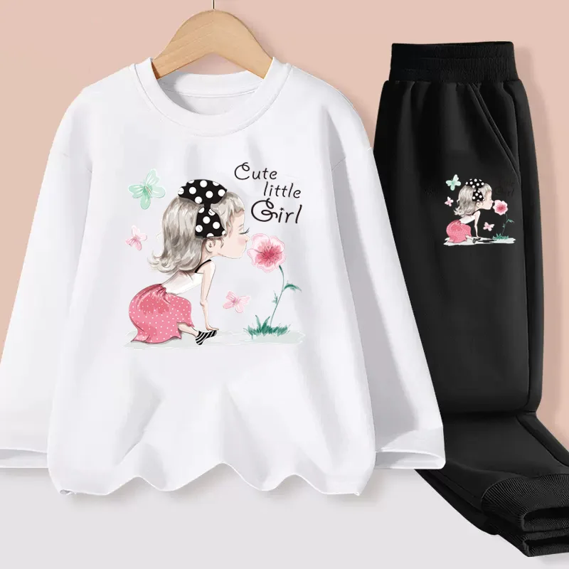 Aimi Lakana Little Girls Casual Dresses Flower Cartoon T-shirt Autumn Cotton Clothing Outfit Kids Long Sleeve Sets 2 Pieces