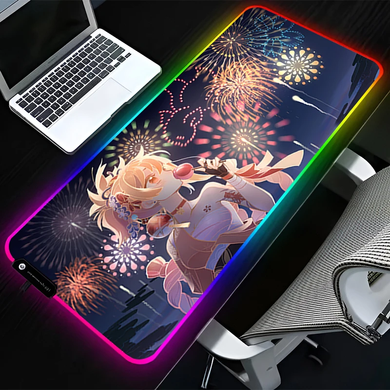 

RGB LED Mouse Pad Rubber Mousepad Gaming Mats PC Accessories Extended Pad G-genshin Impact Naganohara Yoimiya Non Slip Desk Mat