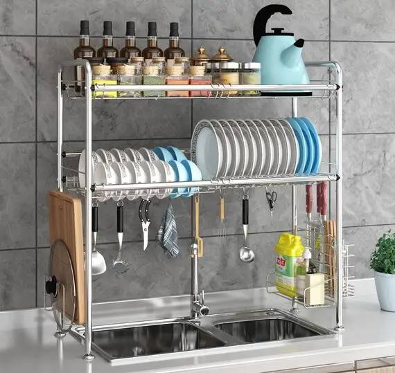 2-Tier Stainless Steel Matt Black Large Over the Sink Dish Drying Rack with Utensil Holder Dish Drainers for Kitchen Counter